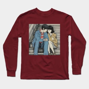 Brunet couple sitting on the bench and holding hands Long Sleeve T-Shirt